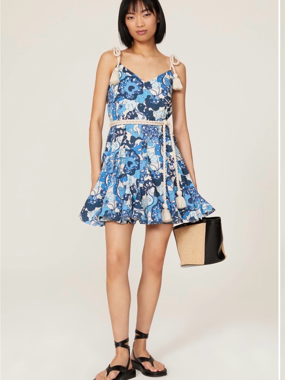 RHODE Blue Floral Tie-Shoulder Mini Dress